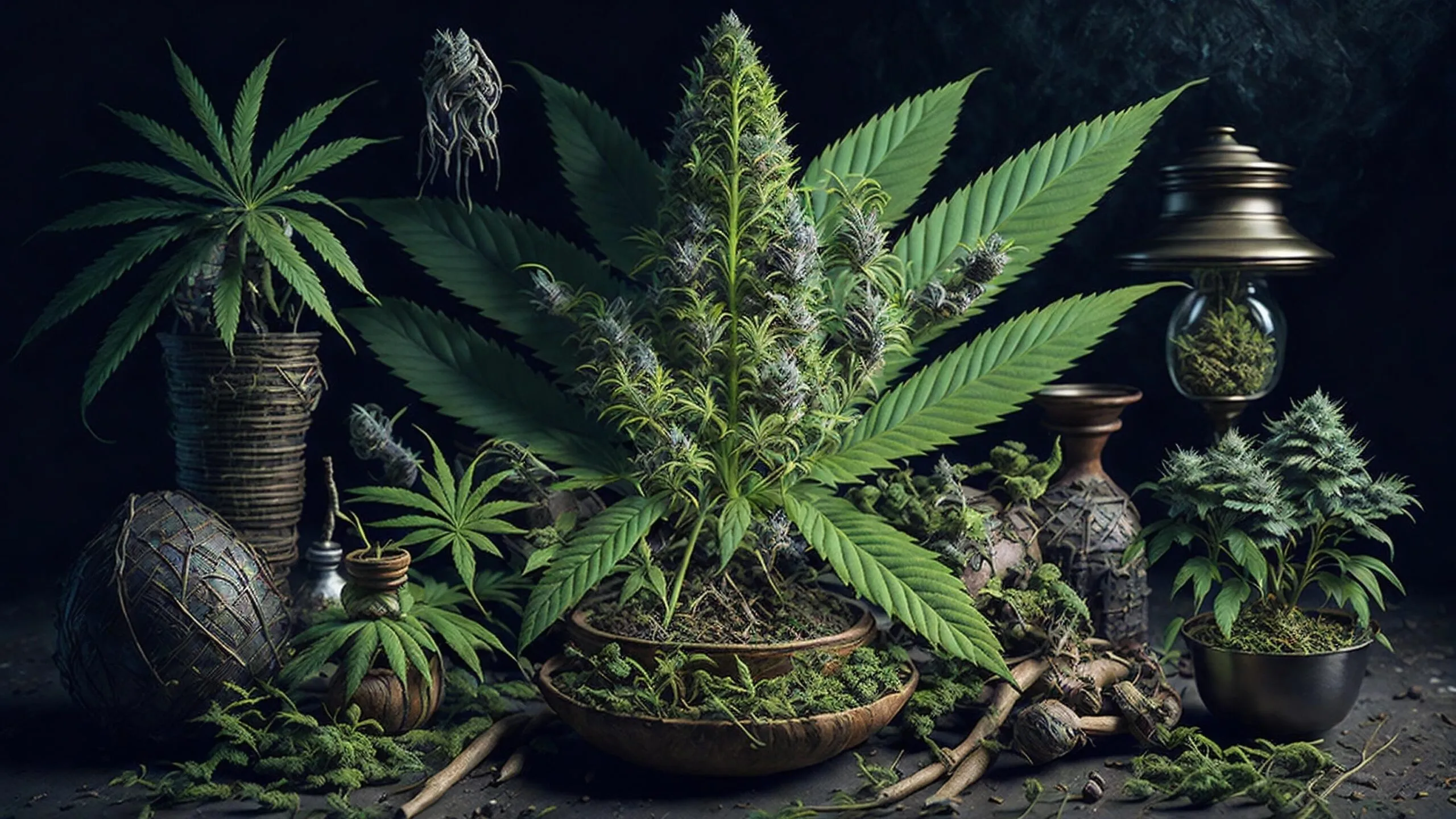 Potes e garrafas antigas cercadas por folhas e flores de cannabis.